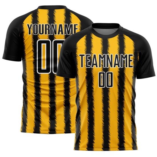 Camiseta de fútbol personalizada con sublimación de líneas negras, doradas y blancas Camiseta de fútbol personalizada con sublimación de líneas negras, doradas y blancas