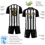 Camiseta de fútbol personalizada con sublimación de líneas en negro, blanco y dorado antiguo Camiseta de fútbol personalizada con sublimación de líneas en negro, blanco y dorado antiguo