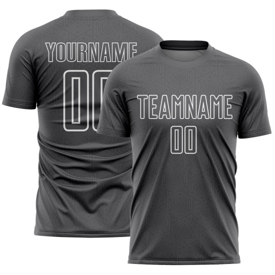 Camiseta de fútbol personalizada con sublimación de formas geométricas en gris acero y blanco