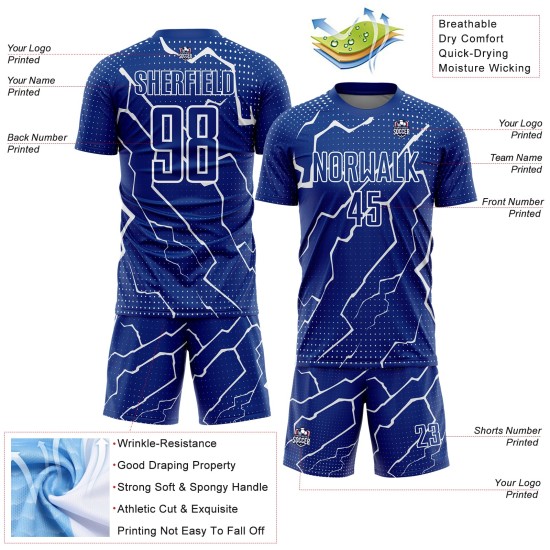 Camiseta de fútbol personalizada de sublimación Royal White Lightning Camiseta de fútbol personalizada de sublimación Royal White Lightning