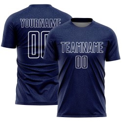 Camiseta de fútbol personalizada con sublimación de formas geométricas en blanco y azul marino Camiseta de fútbol personalizada con sublimación de formas geométricas en blanco y azul marino