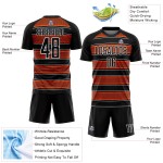 Camiseta de fútbol personalizada con sublimación de líneas y formas geométricas en negro, naranja y blanco Camiseta de fútbol personalizada con sublimación de líneas y formas geométricas en negro, naranja y blanco