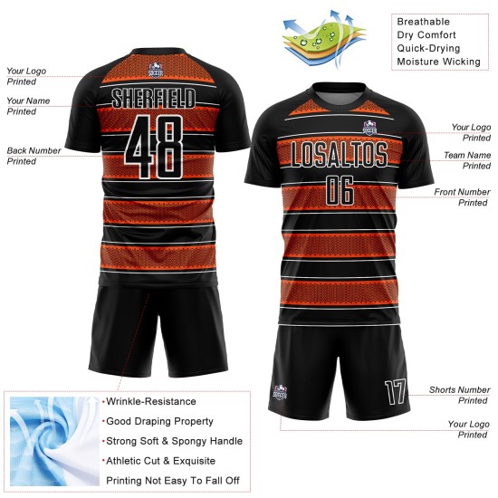 Camiseta de fútbol personalizada con sublimación de líneas y formas geométricas en negro, naranja y blanco Camiseta de fútbol personalizada con sublimación de líneas y formas geométricas en negro, naranja y blanco