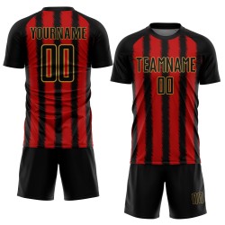 Camiseta de fútbol personalizada con sublimación de líneas negro, rojo y dorado antiguo Camiseta de fútbol personalizada con sublimación de líneas negro, rojo y dorado antiguo