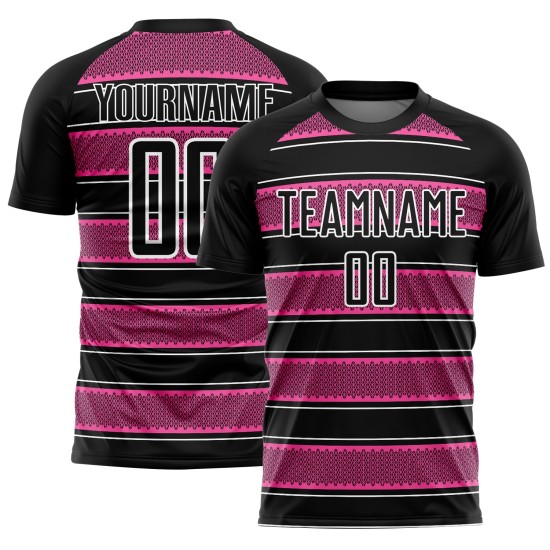 Camiseta de fútbol personalizada con sublimación de líneas y formas geométricas en negro, rosa y blanco Camiseta de fútbol personalizada con sublimación de líneas y formas geométricas en negro, rosa y blanco