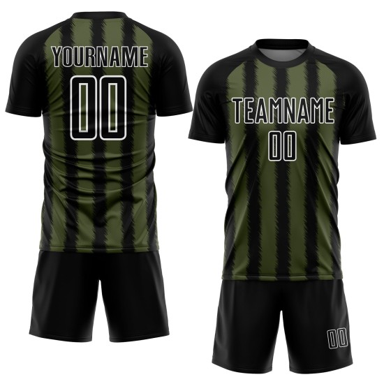 Camiseta de fútbol personalizada con sublimación de líneas blanco-oliva y negro Camiseta de fútbol personalizada con sublimación de líneas blanco-oliva y negro