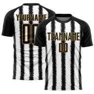 Camiseta de fútbol personalizada con sublimación de líneas en negro, blanco y dorado antiguo