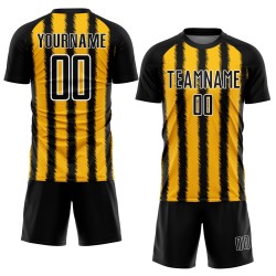 Camiseta de fútbol personalizada con sublimación de líneas negras, doradas y blancas Camiseta de fútbol personalizada con sublimación de líneas negras, doradas y blancas