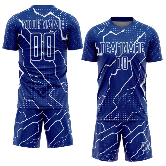 Camiseta de fútbol personalizada de sublimación Royal White Lightning Camiseta de fútbol personalizada de sublimación Royal White Lightning