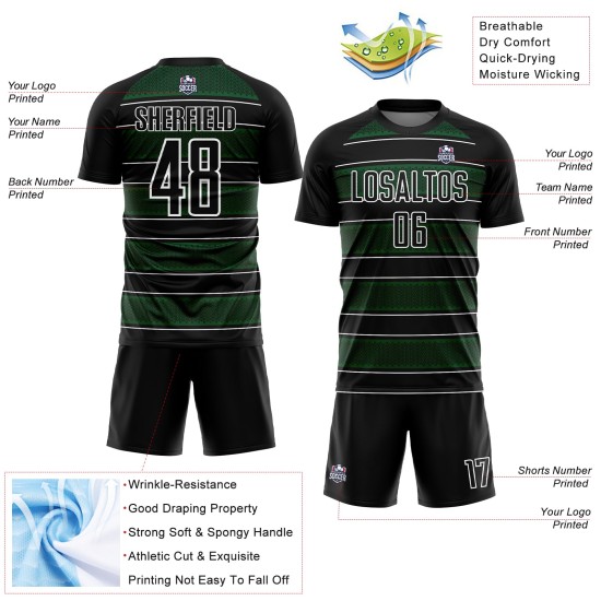 Camiseta de fútbol personalizada con sublimación de líneas y formas geométricas en negro, verde y blanco Camiseta de fútbol personalizada con sublimación de líneas y formas geométricas en negro, verde y blanco