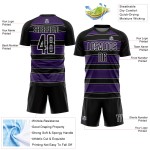 Camiseta de fútbol personalizada con sublimación de líneas y formas geométricas en negro, morado y blanco Camiseta de fútbol personalizada con sublimación de líneas y formas geométricas en negro, morado y blanco