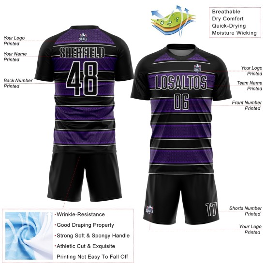 Camiseta de fútbol personalizada con sublimación de líneas y formas geométricas en negro, morado y blanco Camiseta de fútbol personalizada con sublimación de líneas y formas geométricas en negro, morado y blanco