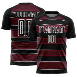Camiseta de fútbol personalizada con sublimación de líneas y formas geométricas en blanco y negro carmesí