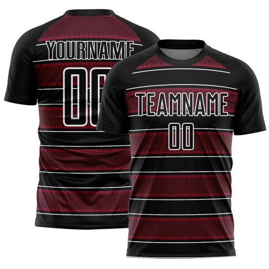 Camiseta de fútbol personalizada con sublimación de líneas y formas geométricas en blanco y negro carmesí Camiseta de fútbol personalizada con sublimación de líneas y formas geométricas en blanco y negro carmesí
