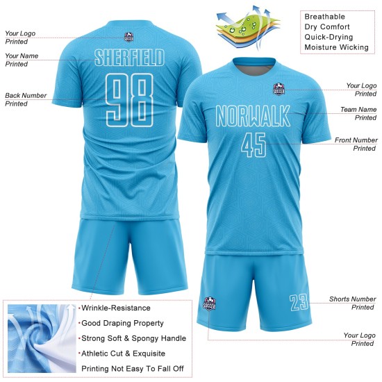 Camiseta de fútbol personalizada con sublimación de formas geométricas en azul cielo y blanco