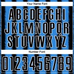 Camiseta de fútbol personalizada con sublimación de líneas azul y blanco en polvo negro