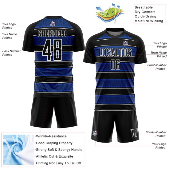 Camiseta de fútbol personalizada con sublimación de líneas y formas geométricas en azul trueno negro y blanco Camiseta de fútbol personalizada con sublimación de líneas y formas geométricas en azul trueno negro y blanco